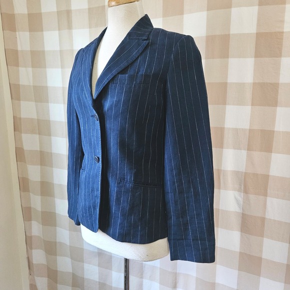 Hennes Navy Blue Pinstripe Tailored Linen Blazer Jacket Preppy Nautical Size 6 - Picture 2 of 9